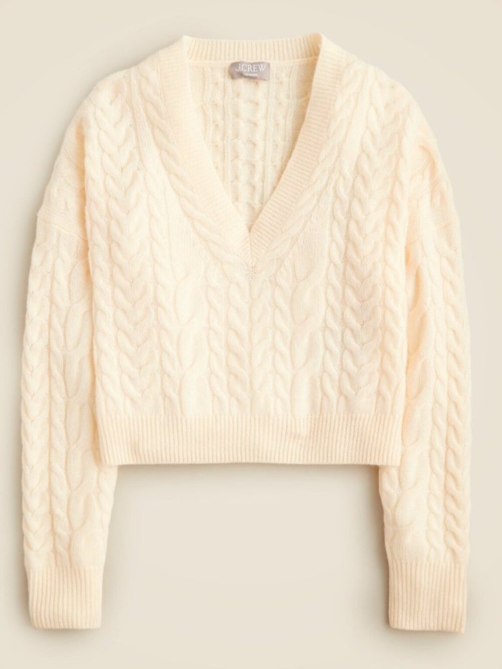 NWT J.Crew Cashmere Cropped Cable-knit V-neck Sweater in Warm Sesame Ivory L - Picture 4 of 9